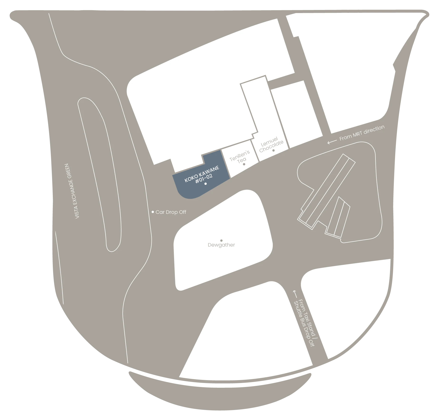 Floorplan of The Star Vista level 1 showing KOKO Kawane at unit #01-02, near the car drop-off, with directions from the MRT and the taxi stand
